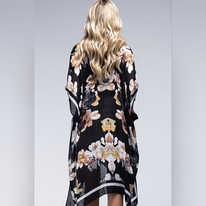 Kimono w/ Exotic Floral Print & Rich Black Background - Lightweight Silky Feel