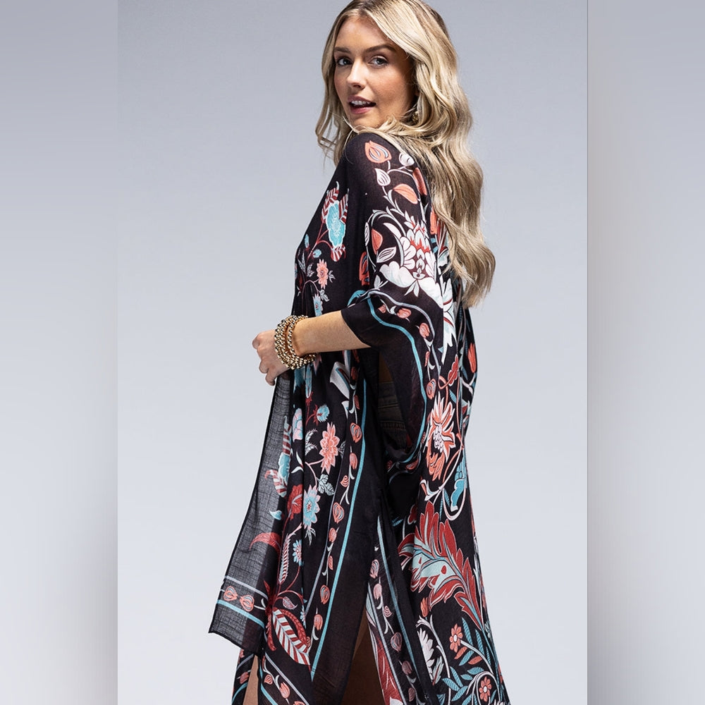 Teal & Black / Leaf & Flower Print Kimono - Lightweight Silky Material - NEW!!!