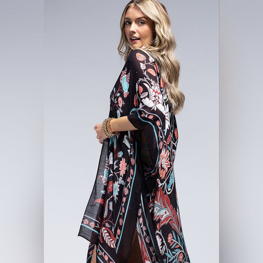 Teal & Black / Leaf & Flower Print Kimono - Lightweight Silky Material - NEW!!!