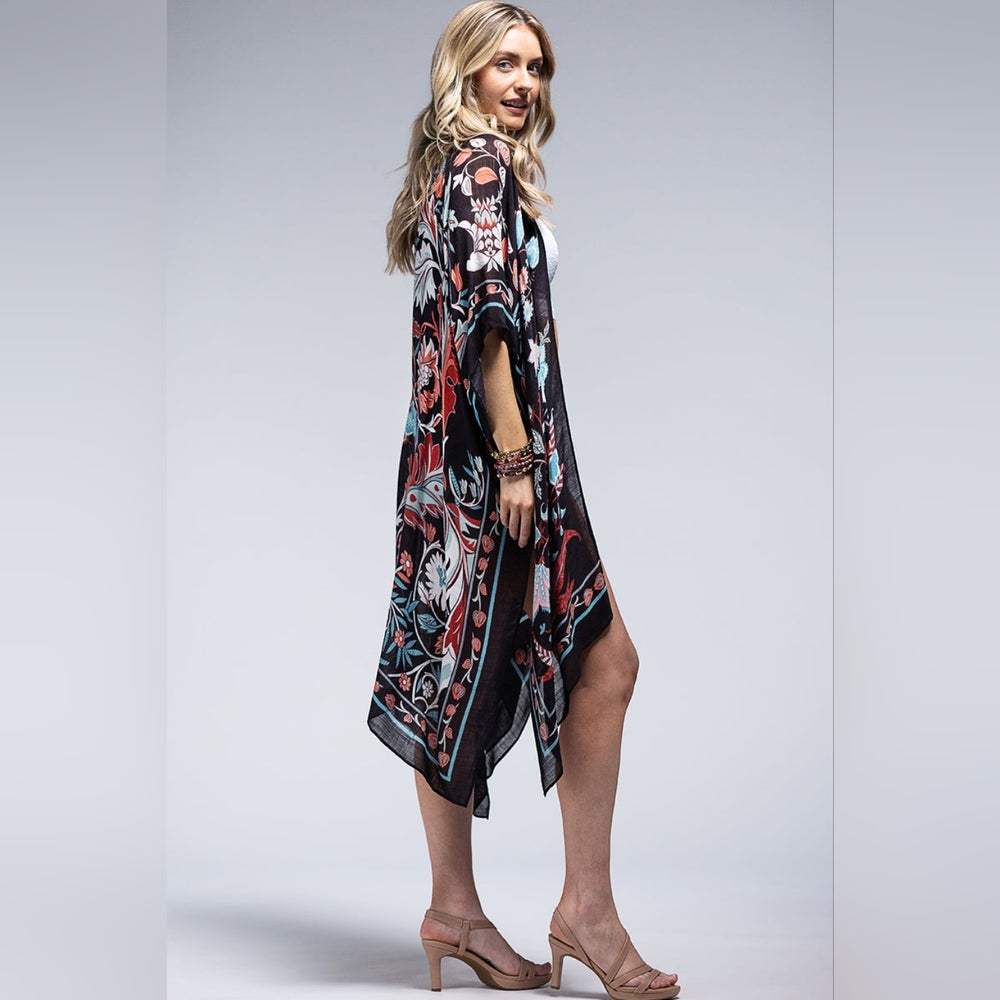 Teal & Black / Leaf & Flower Print Kimono - Lightweight Silky Material - NEW!!!