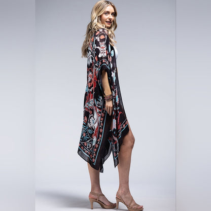 Teal & Black / Leaf & Flower Print Kimono - Lightweight Silky Material - NEW!!!