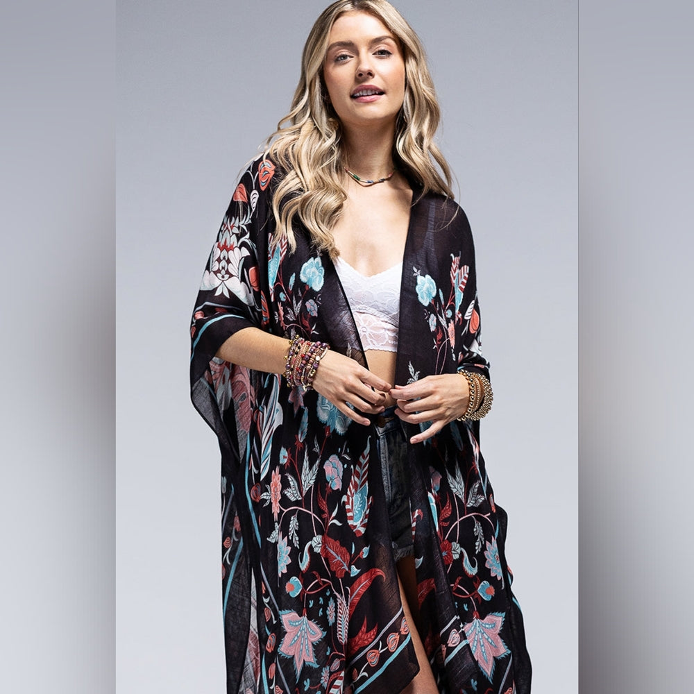 Teal & Black / Leaf & Flower Print Kimono - Lightweight Silky Material - NEW!!!