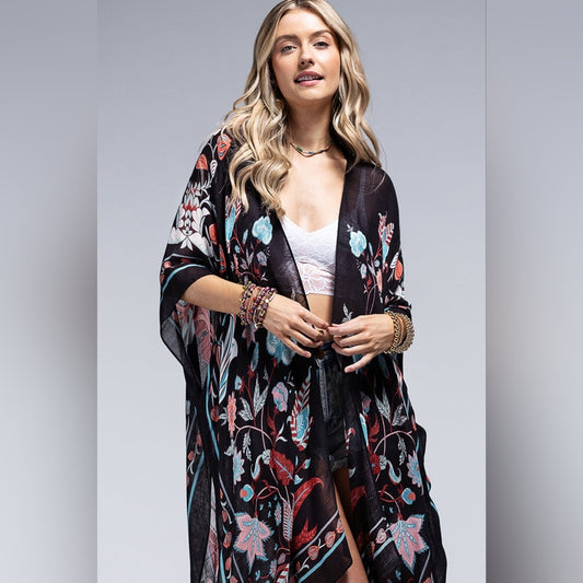 Teal & Black / Leaf & Flower Print Kimono - Lightweight Silky Material - NEW!!!