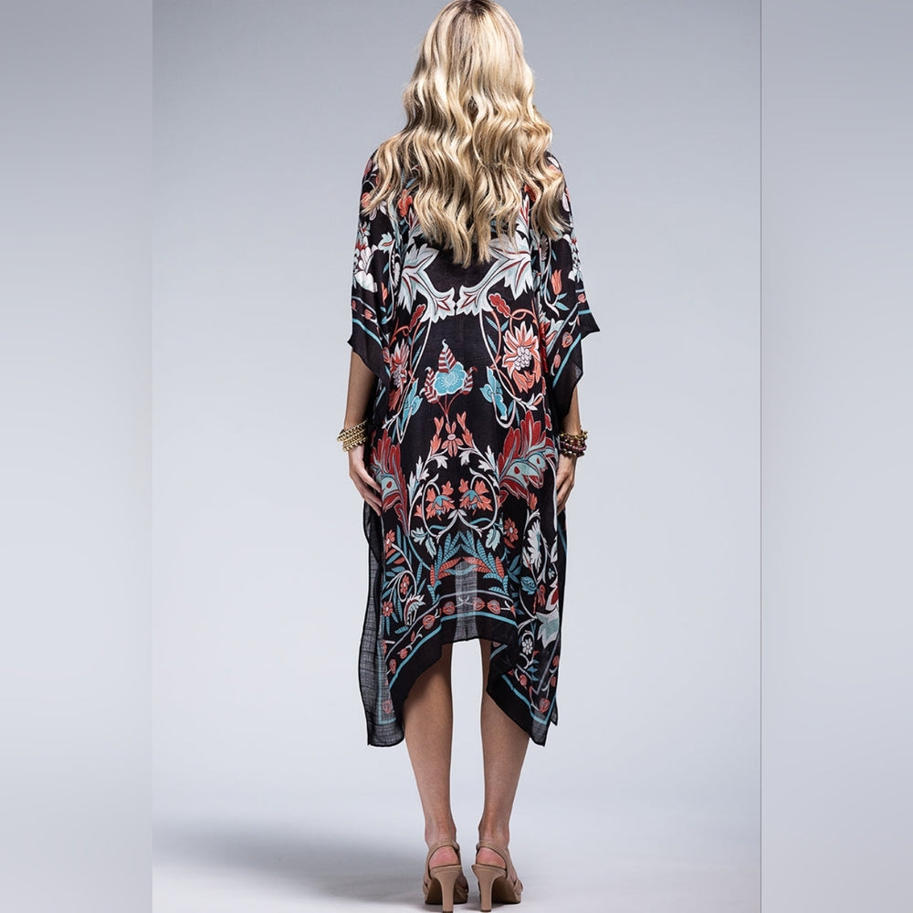 Teal & Black / Leaf & Flower Print Kimono - Lightweight Silky Material - NEW!!!