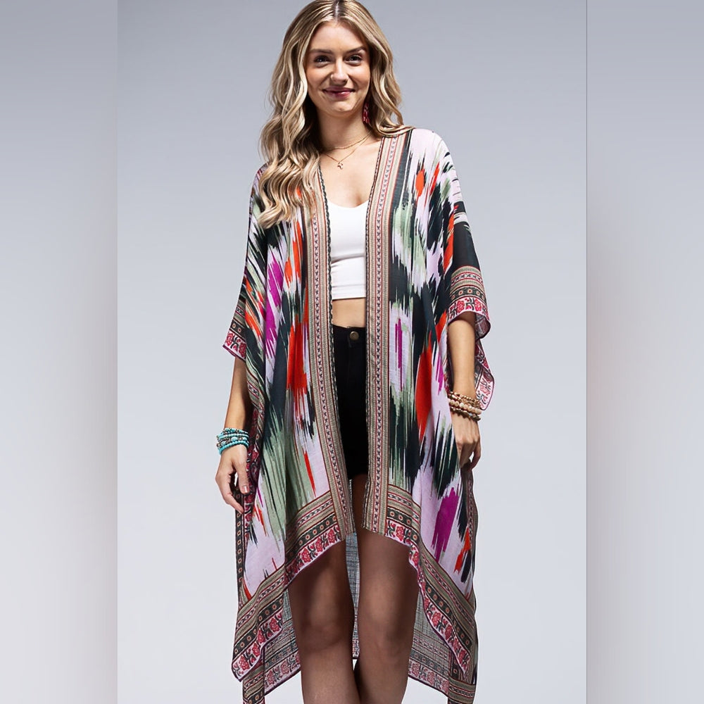 Artistic Vibrant Ethnic Print Kimono - Detailed Border - Lightweight & Silky