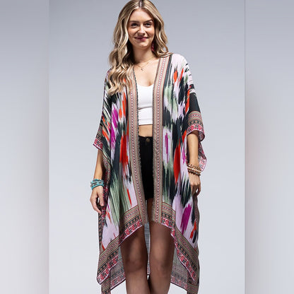 Artistic Vibrant Ethnic Print Kimono - Detailed Border - Lightweight & Silky