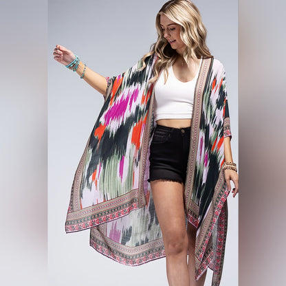 Artistic Vibrant Ethnic Print Kimono - Detailed Border - Lightweight & Silky
