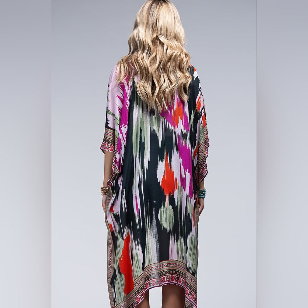 Artistic Vibrant Ethnic Print Kimono - Detailed Border - Lightweight & Silky