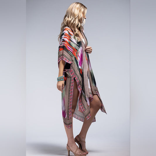 Artistic Vibrant Ethnic Print Kimono - Detailed Border - Lightweight & Silky