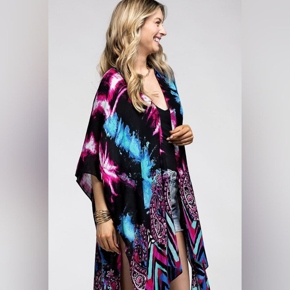 Vibrant Cosmic & Paisley Kimono - Psychedelic Colors - Lightweight Silky Fabric