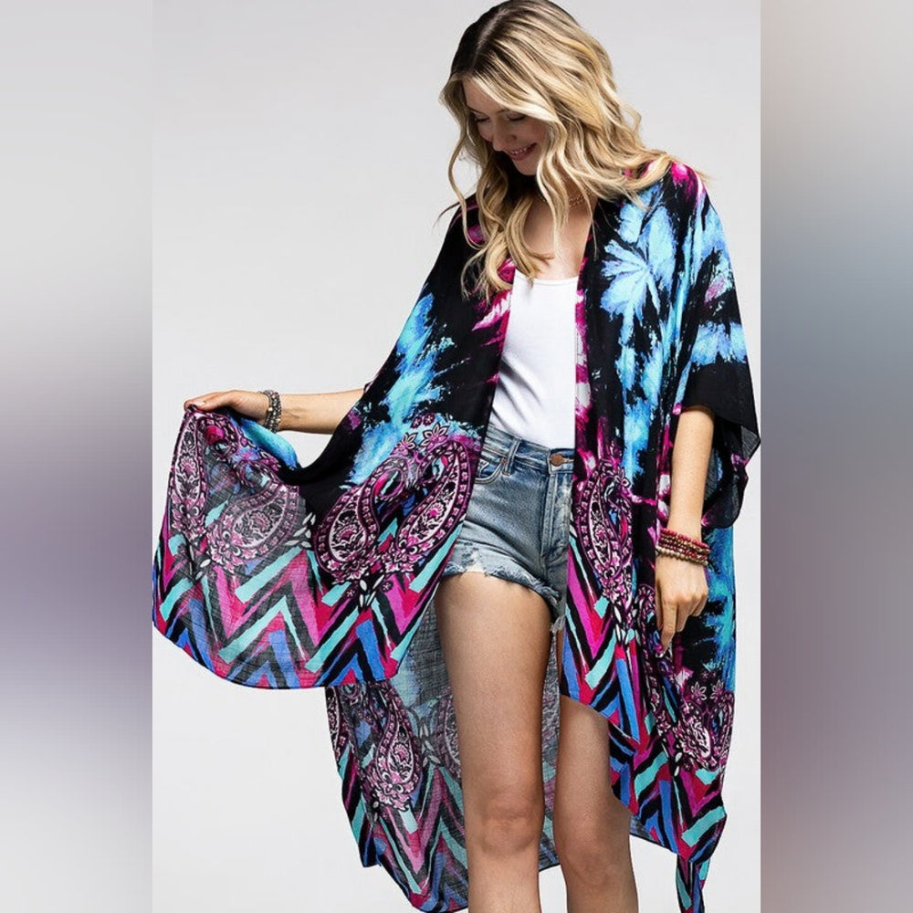 Vibrant Cosmic & Paisley Kimono - Psychedelic Colors - Lightweight Silky Fabric