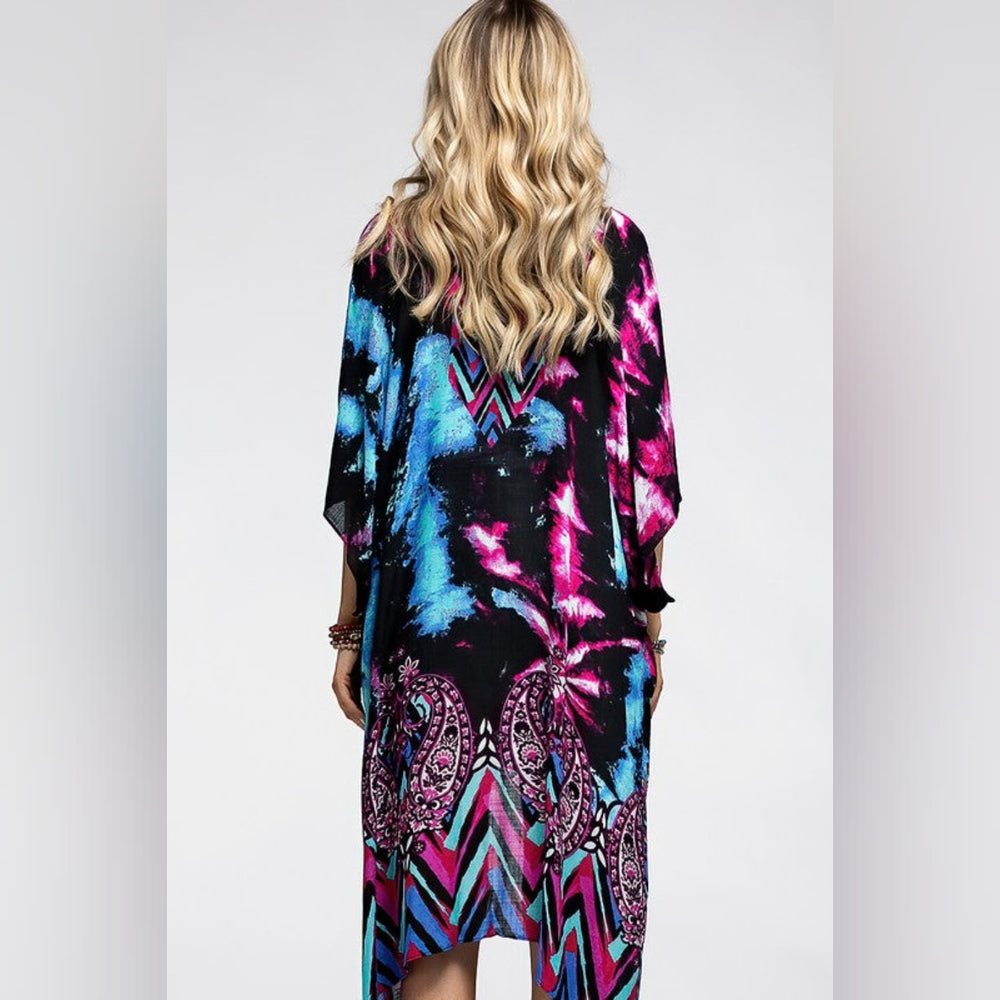 Vibrant Cosmic & Paisley Kimono - Psychedelic Colors - Lightweight Silky Fabric
