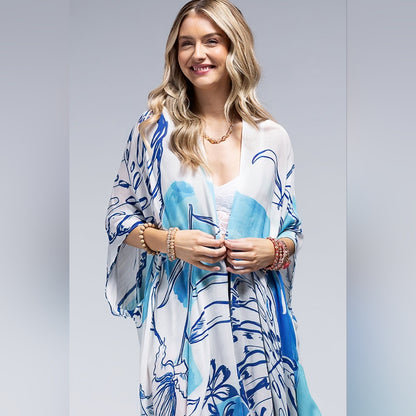 Blue Palm Watercolor Tropical Print Kimono - Silky Material - Lightweight & Airy