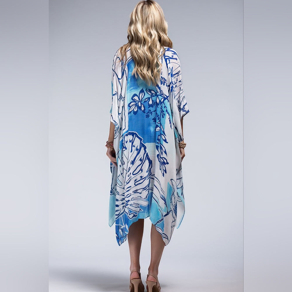 Blue Palm Watercolor Tropical Print Kimono - Silky Material - Lightweight & Airy