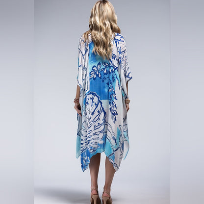 Blue Palm Watercolor Tropical Print Kimono - Silky Material - Lightweight & Airy
