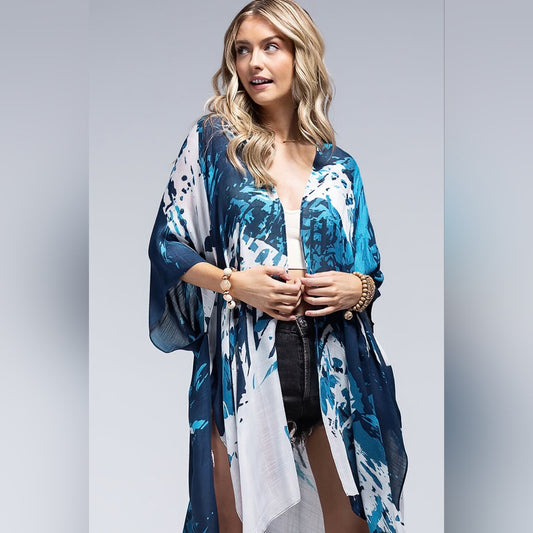 Blue Toned Artistic Print Lightweight Kimono - NEW!!!