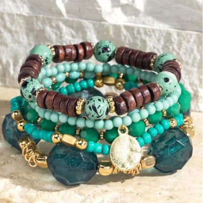 Deep Blue Sea Beaded Stretch Bracelet Set w Gold Tone Metal Pendant