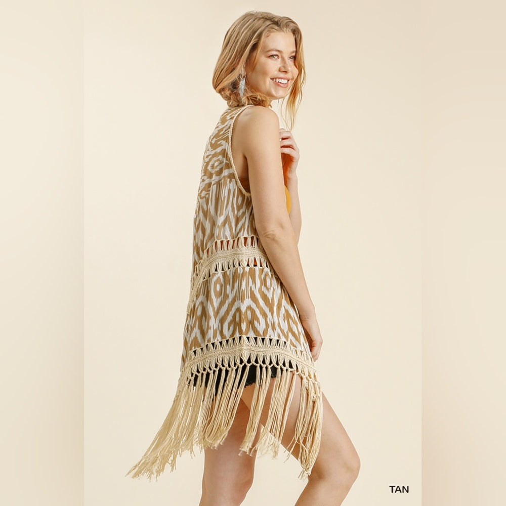 Open Front Duster Vest - Ikat Print Crochet Detail with Tassel Hem - S, M, L