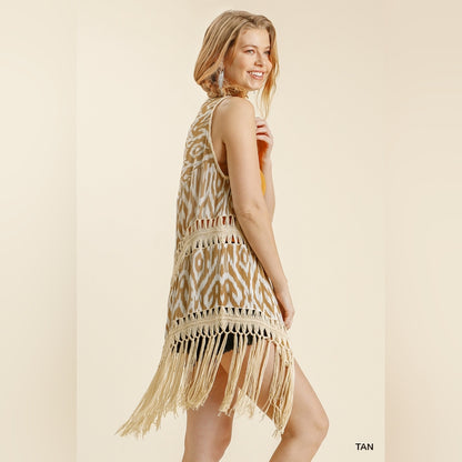 Open Front Duster Vest - Ikat Print Crochet Detail with Tassel Hem - S, M, L