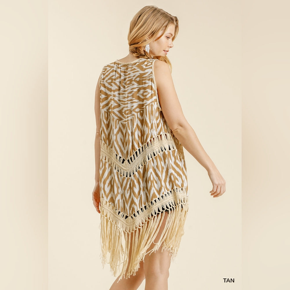 Open Front Duster Vest - Ikat Print Crochet Detail with Tassel Hem - S, M, L