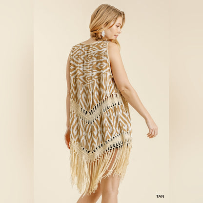 Open Front Duster Vest - Ikat Print Crochet Detail with Tassel Hem - S, M, L