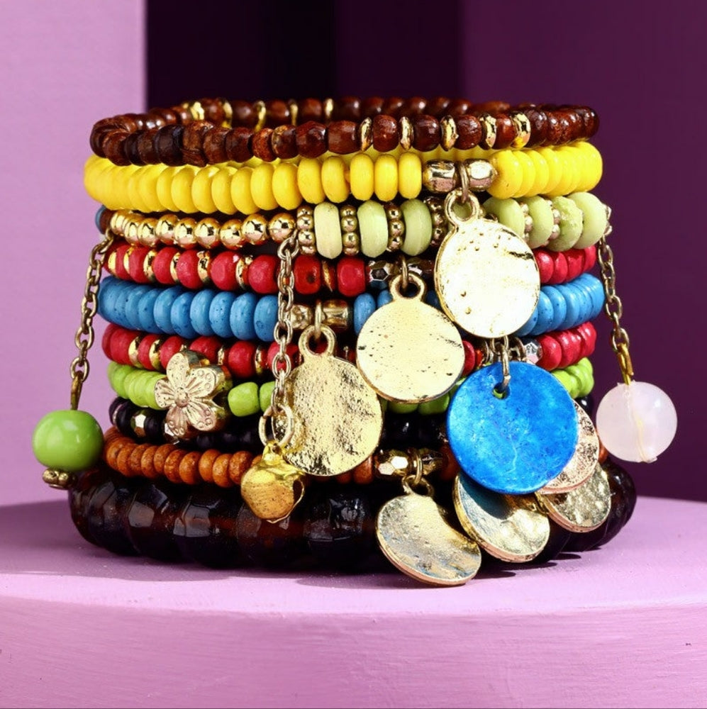 Vibrant Multicolor Bohemian Beaded Bracelet Set w Metal Coins & Multiple Charms