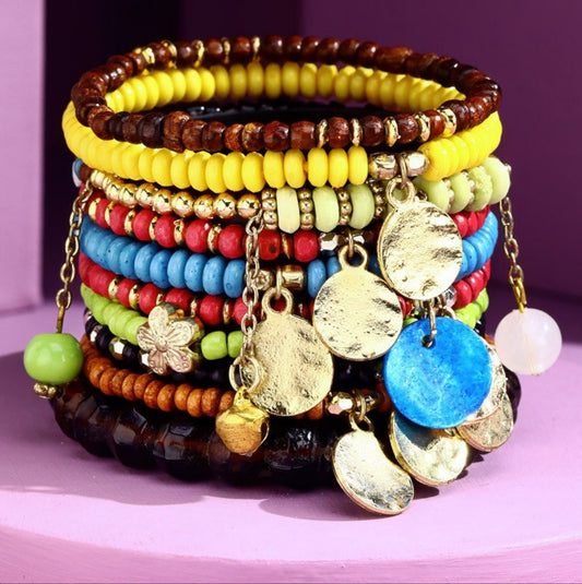 Vibrant Multicolor Bohemian Beaded Bracelet Set w Metal Coins & Multiple Charms