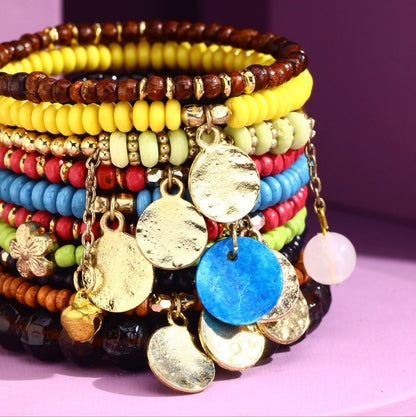 Vibrant Multicolor Bohemian Beaded Bracelet Set w Metal Coins & Multiple Charms