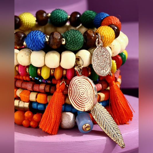 Bright & Colorful Bohemian Beaded Stretch Bracelet Set w Charms & Tassel Accent