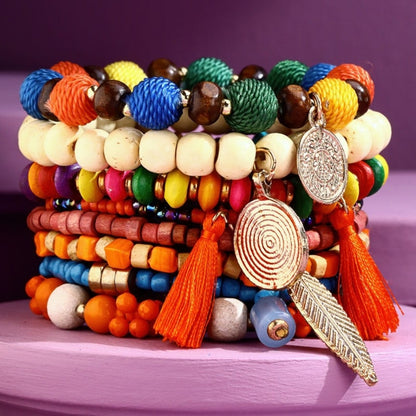 Bright & Colorful Bohemian Beaded Stretch Bracelet Set w Charms & Tassel Accent