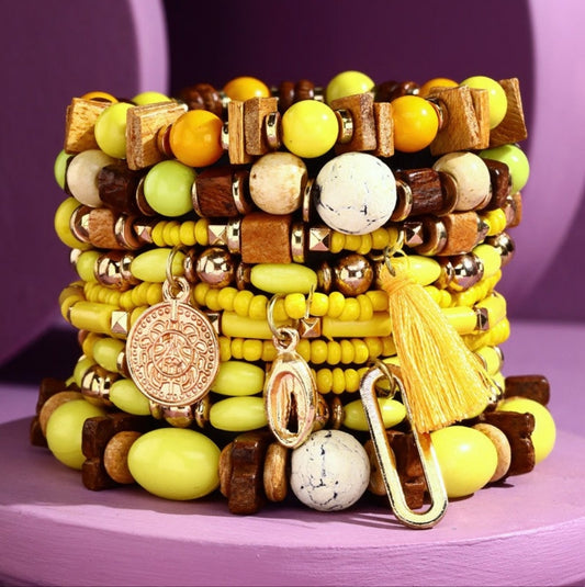 Dazzling Beaded Boho Stretch Bracelet Set w/ Gold Tone Charms & Tassel
