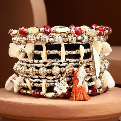 Whimsical Metal & Stone Bead Stretch Bracelet Set w Charms & Tassel