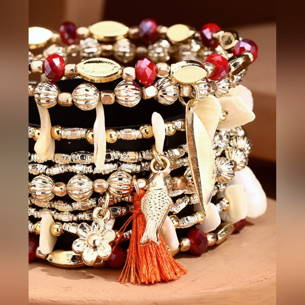 Whimsical Metal & Stone Bead Stretch Bracelet Set w Charms & Tassel