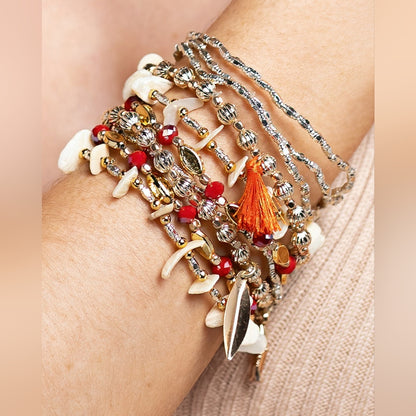 Whimsical Metal & Stone Bead Stretch Bracelet Set w Charms & Tassel