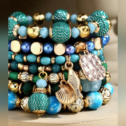 Glamorous Gold & Aqua Multi Textured Layered Beaded Bracelet Set w Golden Charms