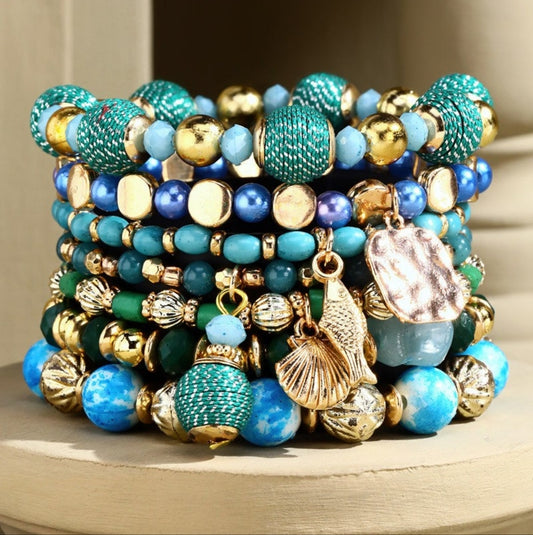 Glamorous Gold & Aqua Multi Textured Layered Beaded Bracelet Set w Golden Charms
