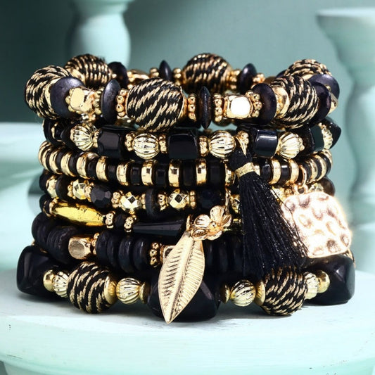 Formal Black & Gold Multi Textured Layered Beaded Bracelet Set w Golden Charms