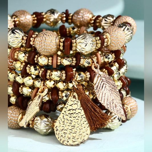 Glamorous Gold & Earth Tone Layered Beaded Bracelet Set w Golden Charms & Tassel