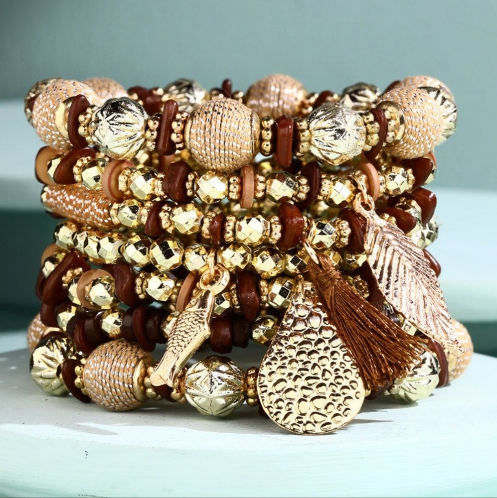 Glamorous Gold & Earth Tone Layered Beaded Bracelet Set w Golden Charms & Tassel