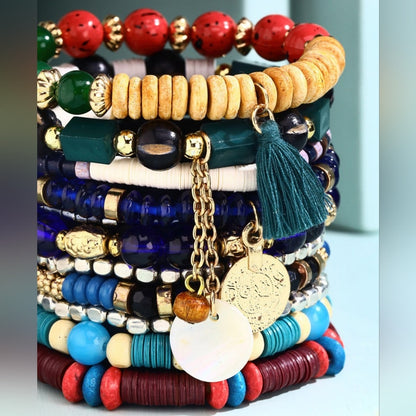 Bohemian Multi Color Beaded Stretch Bracelet Set w Charms & Tassel Accent