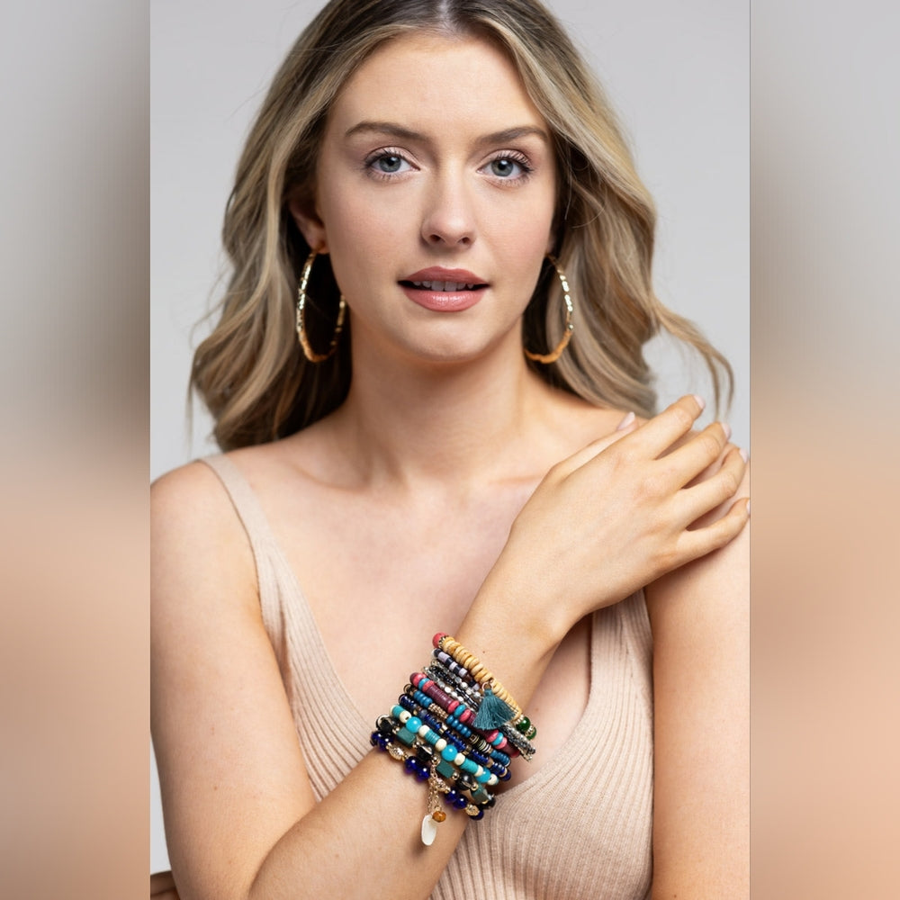 Bohemian Multi Color Beaded Stretch Bracelet Set w Charms & Tassel Accent