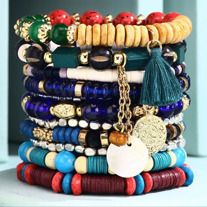 Bohemian Multi Color Beaded Stretch Bracelet Set w Charms & Tassel Accent