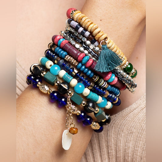 Bohemian Multi Color Beaded Stretch Bracelet Set w Charms & Tassel Accent