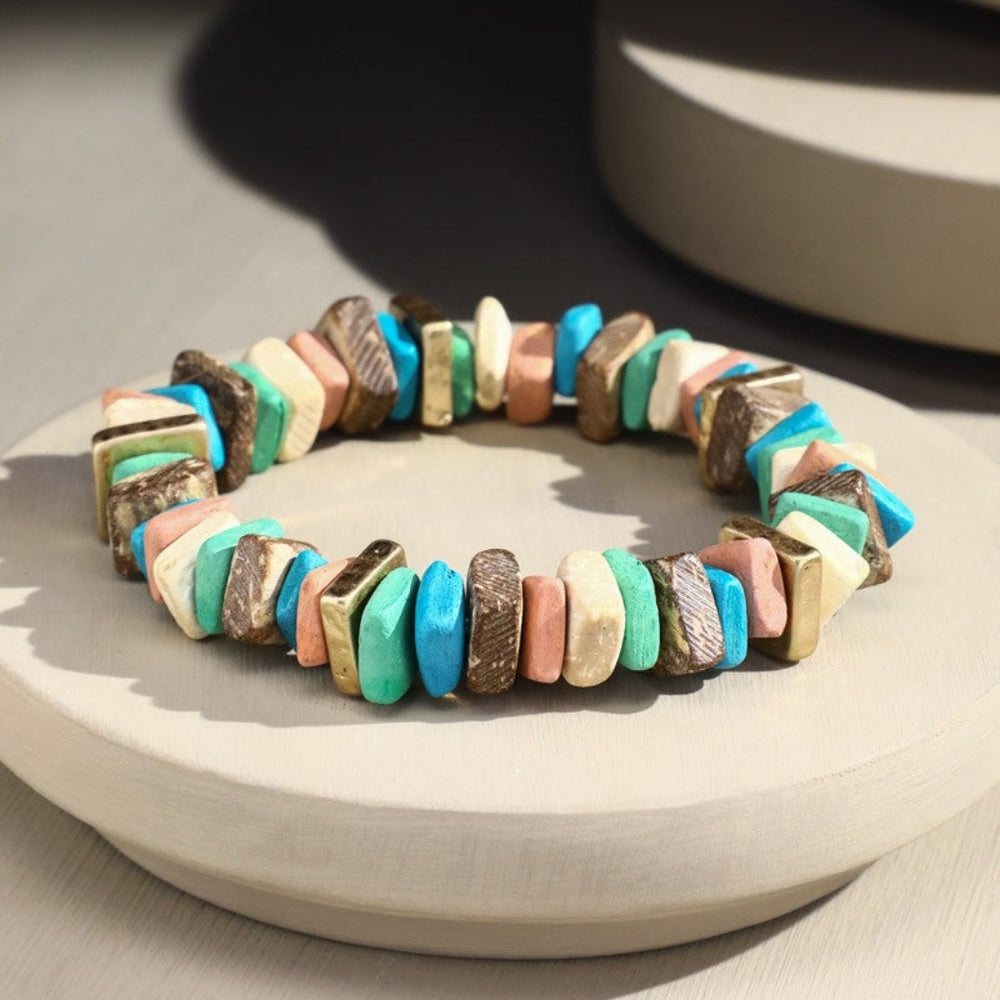 Multicolor Dyed Square Coconut Shell Stretch Bracelet w Gold Toned Metal Accents