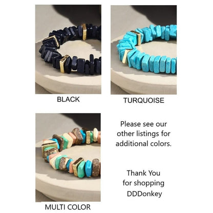 Jet Black Dyed Square Coconut Shell Stretch Bracelet w Gold Toned Metal Accents