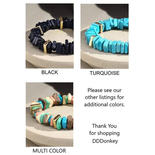 Jet Black Dyed Square Coconut Shell Stretch Bracelet w Gold Toned Metal Accents