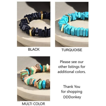 Turquoise Dyed Square Coconut Shell Stretch Bracelet w Gold Toned Metal Accents