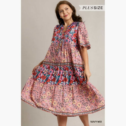 Bohemian Floral Print Maxi Dress - Plus Size XL - Navy Multicolor