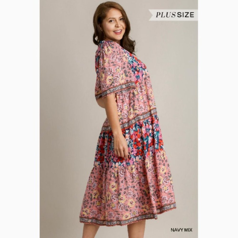 Bohemian Floral Print Maxi Dress - Plus Size XL - Navy Multicolor