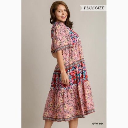 Bohemian Floral Print Maxi Dress - Plus Size XL - Navy Multicolor